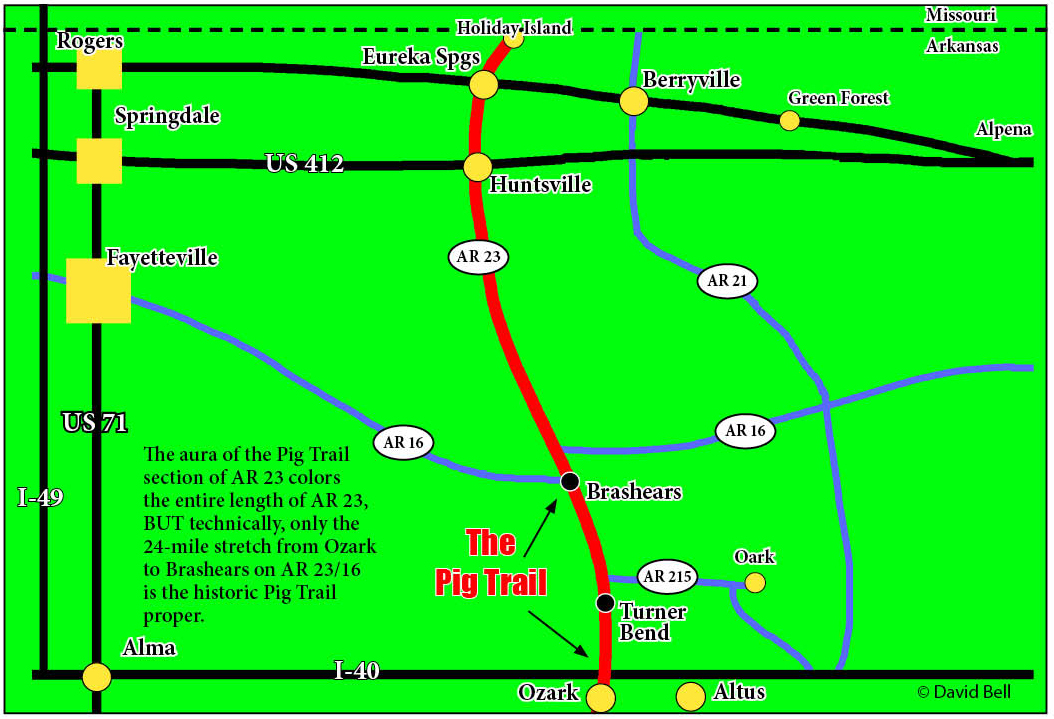 The Pig Trail, Ar Hwy. 23, stretches from the Missouri border north of delightful Eureka Springs, Ark. down 141 miles south to U.S. 71 below Booneville, Ark.