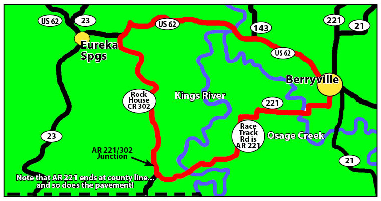 AR Hwy. 221S is a fantastic, Butler Maps “Gold Road”. If you ignored it you would be missing out. Stretch from Berryville to the Madison County line, it has been dubbed 'Race Track Road' by area riders.