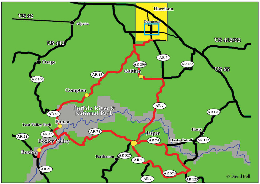 The Jasper Disaster is a true 'Heart of the Ozarks' ride that covers Newton County's fantastic roads. By adding a few other routes to this one you would definately get a feel for what it's like to cruise across the Ozarks.